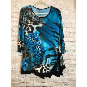 Caribe Top Womens Small Cobalt Mixed Animal Print Asymmetric Hem Artsy Stretch